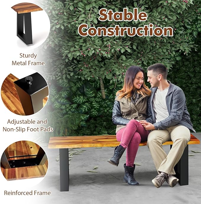 Tangkula Acacia Wood Outdoor Bench, Heavy Duty 2 Person Patio Backless Dining Bench with Metal Frame & Adjustable Foot Pads, Outside Bench for Poolside, Front Porch, Deck (2)