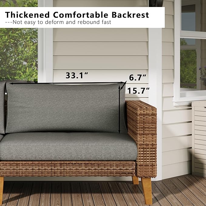 WiberWi Outdoor Couch, All Weather Patio Sofa with Acacia Wood Legs, PE Wicker Outdoor Furniture Deep Seating - Photo 6