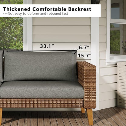 WiberWi Outdoor Couch, All Weather Patio Sofa with Acacia Wood Legs, PE Wicker Outdoor Furniture Deep Seating, Rattan Loveseat for Garden, Backyard, Balcony and Porch, Grey