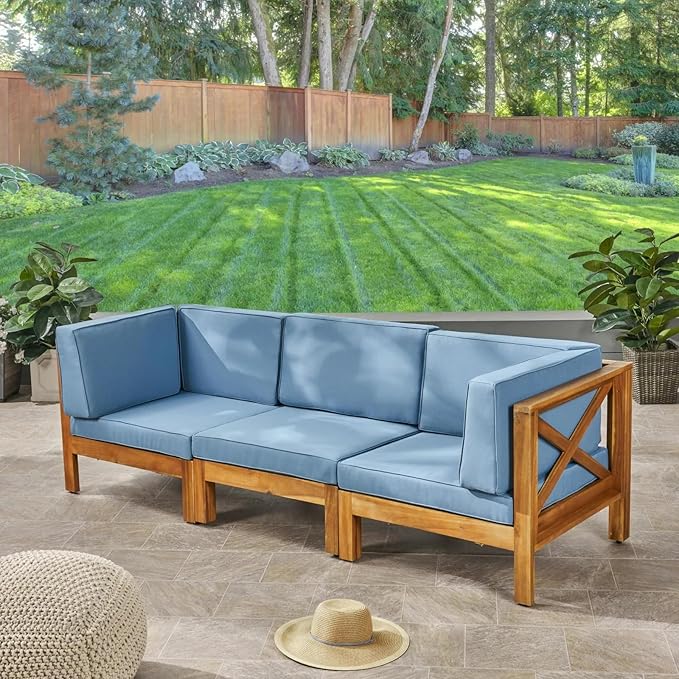 roomfitters Outdoor X-Back 3-Seater Sectional Sofa with Acacia Wood Frame and Cushions, Blue - Photo 1