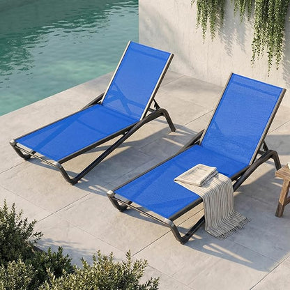 Outdoor Chaise Lounge Chair Set of 2, 5-Position Adjustable Patio Lounge Chair with Aluminum Frame, Textilene Fabric Pool Loung Chairs for Poolside, Deck, Backyard (Royal Blue)