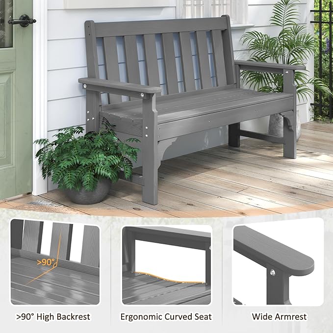 nalone Outdoor Bench, HDPE All Weather Patio Bench Load up to 800 Lbs, 2-Person Garden Bench Rot-Proof Fade Proof for Patio, Porch, and Park (Grey)