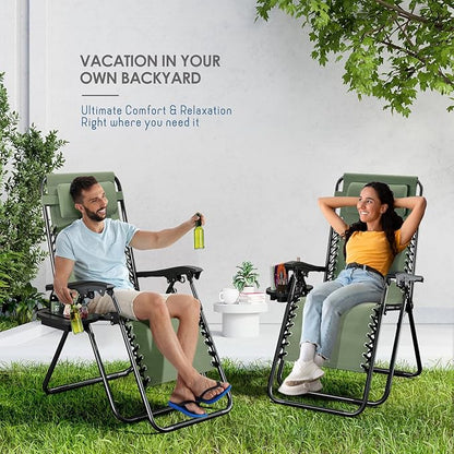Nestl Zero Gravity Chairs 1 Pk, Portable Patio Lounge Outdoor with Pillows & Cup Holder Trays, Adjustable Steel Lawn Chair for Deck, Beach - Sage Green