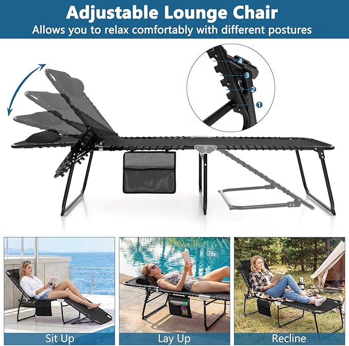 Giantex Patio Lounge Chairs for Outside - Set of 2 Folding Tanning Chair w/Headrest, 4 Adjustable Positions, Side Pocket, Outdoor Chaise Lounge for Camping, Pool, Sunbathing Beach Chair, Black