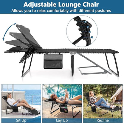 Giantex Patio Lounge Chairs for Outside - Set of 2 Folding Tanning Chair w/Headrest, 4 Adjustable Positions, Side Pocket, Outdoor Chaise Lounge for Camping, Pool, Sunbathing Beach Chair, Black