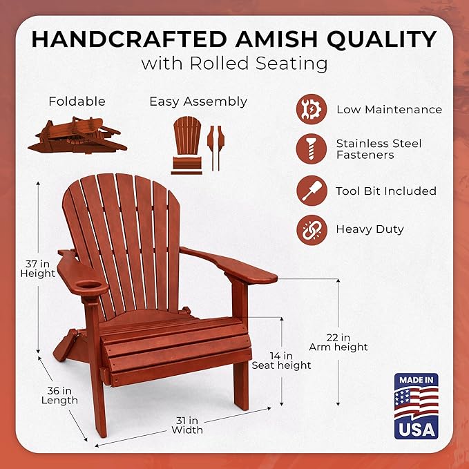 Ecommersify Folding Adirondack Chair with Cup Holder - (Cherrywood) - Heavy Duty Recycled Poly Lumber Folding Chair - Amish Crafted Outdoor Furniture - Made in USA