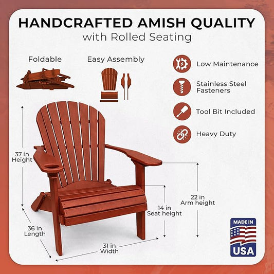 Ecommersify Folding Adirondack Chair with Cup Holder - (Cherrywood) - Heavy Duty Recycled Poly Lumber Folding Chair - Amish Crafted Outdoor Furniture - Made in USA