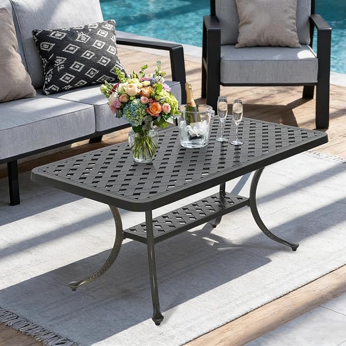 MEETWARM Outdoor Cast Aluminum Coffee Table, 42" Rectangle Patio Coffee Table with 2-Tier Storage Shelf, All-Weather Heavy Duty Patio Side Table for Outside Poolside Deck Garden & Indoor, Dark Bronze