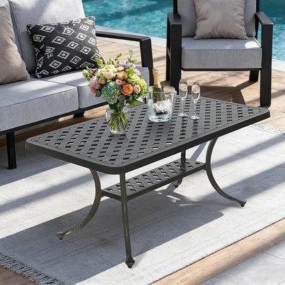 MEETWARM Outdoor Cast Aluminum Coffee Table, 42" Rectangle Patio Coffee Table with 2-Tier Storage Shelf, All-Weather Heavy Duty Patio Side Table for Outside Poolside Deck Garden & Indoor, Dark Bronze