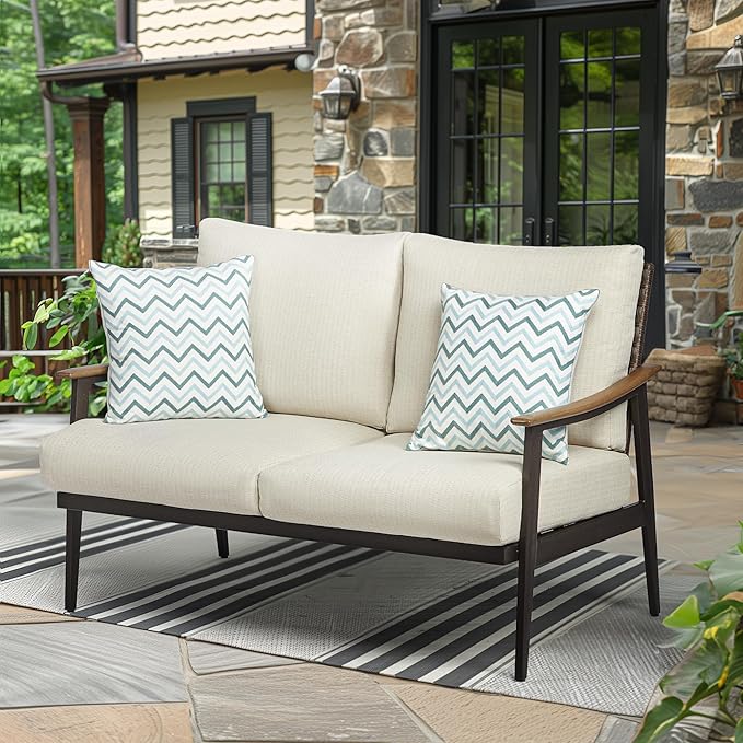 NATURAL EXPRESSIONS Patio Loveseat Sofa Outdoor Furniture Metal Chair with Wicker Backrest & 6 Inches Cushion for Indoor - Photo 1