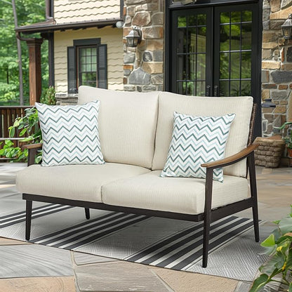 NATURAL EXPRESSIONS Patio Loveseat Sofa Outdoor Furniture Metal Chair with Wicker Backrest & 6 Inches Cushion for Indoor, Front Porch, Deck, Balcony, Backyard, 51.77"(L) x 29.75"(W) x 33.86"(H).