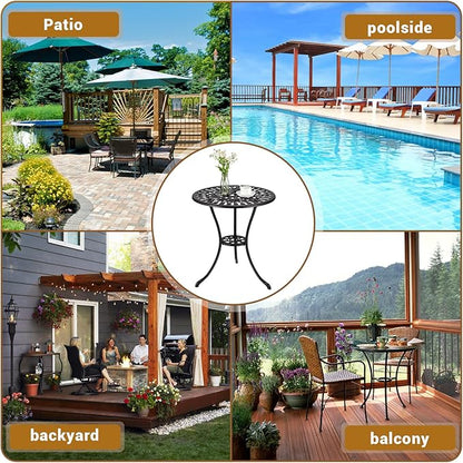 24" Cast Aluminum Patio Bistro Table with Umbrella Hole, Outdoor Round Coffee Bistro Side Table, Anti-Rust Outdoor Furniture for Backyard, Garden, Porch, Pool, Balcony, Retro Black
