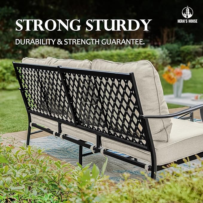 HERA'S HOUSE Patio Furniture Sofa, All-Weather Outdoor 3 Seats Couch, Outdoor Patio Couch with Deep Seating and Olefin Cushions for Lawn Garden Backyard Balcony