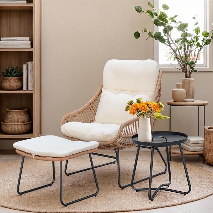 PROHIKER Outdoor Chaise Lounge Chair Set, Indoor Wicker Papasan Egg Chair with Thick Cushion, Ottoman and Table, Oversized Rattan Reading Lounge Recliner for Living Room Patio Yard, Beige