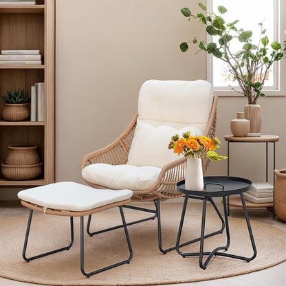 PROHIKER Outdoor Chaise Lounge Chair Set, Indoor Wicker Papasan Egg Chair with Thick Cushion, Ottoman and Table, Oversized Rattan Reading Lounge Recliner for Living Room Patio Yard, Beige