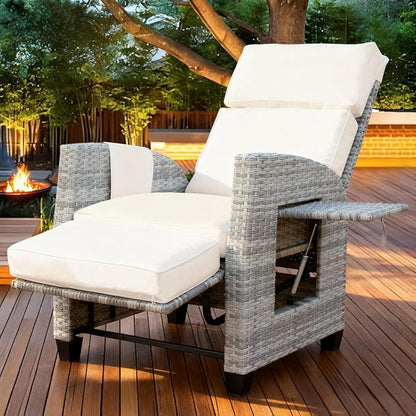 Wicker Outdoor Recliner | Outdoor Recliner Chair | Patio Recliner Chair with 4" Thick Cushion, Adjustable Backrest & Footrest, Flip-up Table & Side Pocket For Patio, Outdoor & Indoor (Gray&Beige)