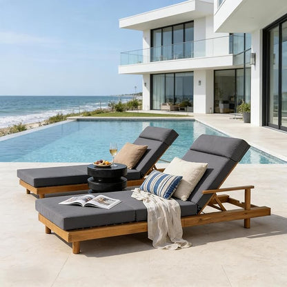 Merax Acacia Wood Outdoor Chaise Lounge Chair Set of 2, Thick 4-Fold Cushion & Headrest, 3-Position Adjustable Backrest, Modern 76.8" L Large Patio Pool Sun Lounger for Garden Beach Yard, Dark-Grey
