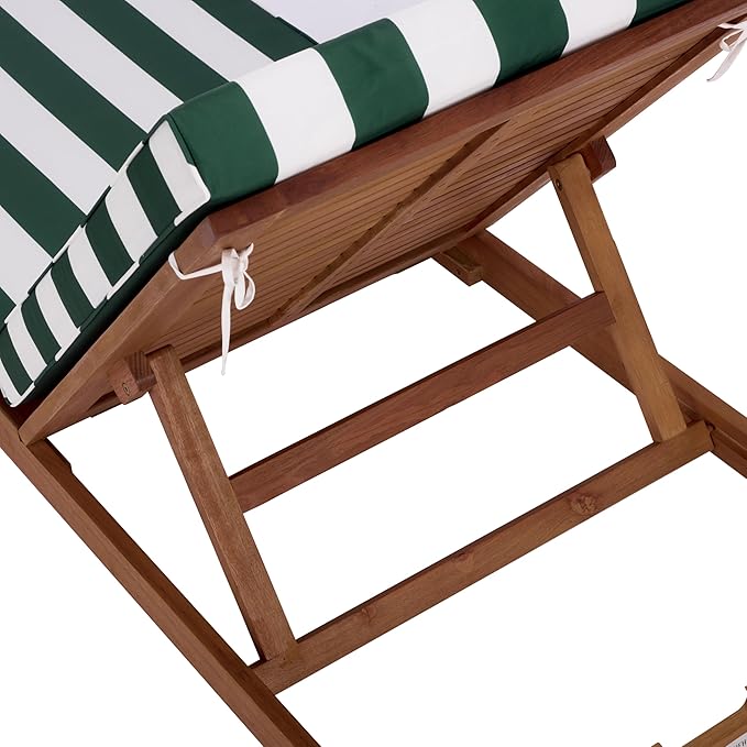 SAFAVIEH Outdoor Patio Furniture Collection - Sophie Natural Brown Solid Wood Chaise Lounge Chair, Adjustable Reclining, Hunter Green Stripe Cushion (PAT7101H)