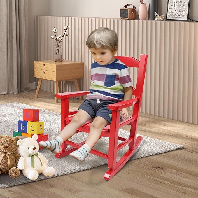 Toddler Rocking Chair Kids Wooden Indoor for Comfy Recliner Rocker for Baby Ages 3-6 Outdoor Lounge Children Playroom Anti-Tip Design Safe & Sturdy Red