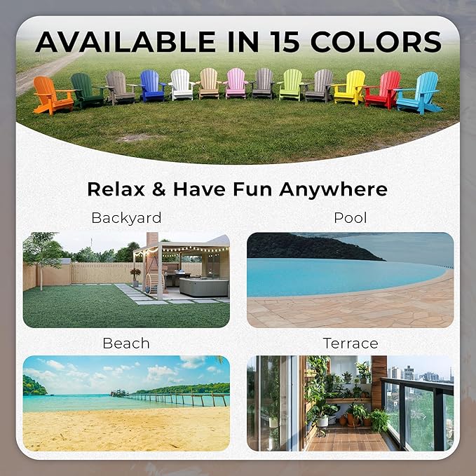 Ecommersify Folding Adirondack Chair with Cup Holder - (Black) - Heavy Duty Recycled Poly Lumber Folding Chair - Amish Crafted Outdoor Furniture - Made in USA