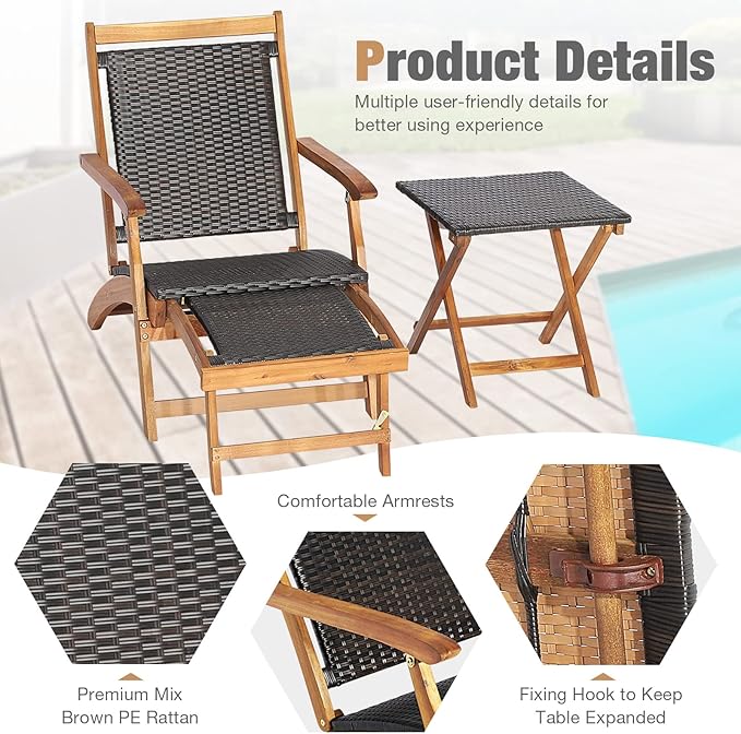 HAPPYGRILL Patio Lounge Chair Set of 3, Outdoor Acacia Wood Rattan Wicker Chaise Lounge w/Side Table - Photo 6