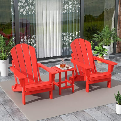 WestinTrends Malibu 3-Pieces Adirondack Chairs Set with Side Table, All Weather Outdoor Seating Plastic Patio Lawn Chair Folding for Outside Porch Deck Backyard, Red