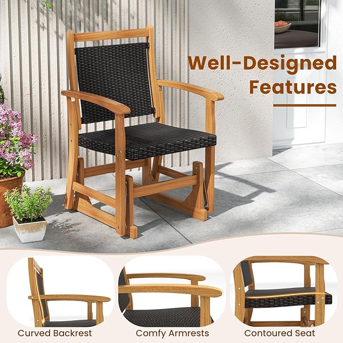 Tangkula Patio Rattan Glider Chair, Swing Gliding Rocker w/Acacia Wood Frame & Wicker Seat Back, Outdoor Rocking Armchair w/Curved Armrests for Porch, Backyard, Poolside (1 Seat)