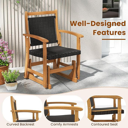 RELAX4LIFE Wooden Outdoor Glider Chair - Rattan Swing Gliding Rocker Armchair w/Acacia Wood Armrests, Wicker Back & Seat, Rocking Patio Chair for Porch Balcony Backyard Pool Garden (24'')