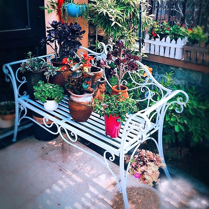 Retro Outdoor Bench Rustic Metal Garden Bench 2 People Outdoor Bench Garden Bench Front Porch Furniture Patio Lawn Yard Park, Indoor and Ourdoor Decor(White)
