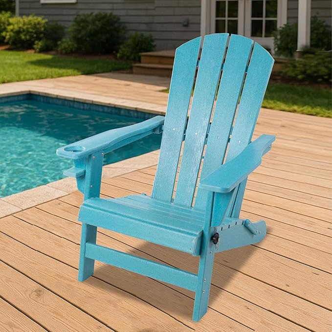 Kozyard Folding Adirondack Chair, Patio Outdoor Chairs, HDPE Plastic Resin Deck Chair, Painted Weather Resistant, for Deck, Garden, Backyard & Lawn Furniture, Fire Pit, Porch Seating (Blue)