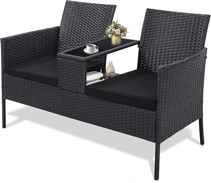 Kromax Wicker 2 Seat Patio Loveseat, Outdoor Rattan Loveseat with Table, Washable Cushion Covers, Backyard, Garden, Lawn - Photo 1