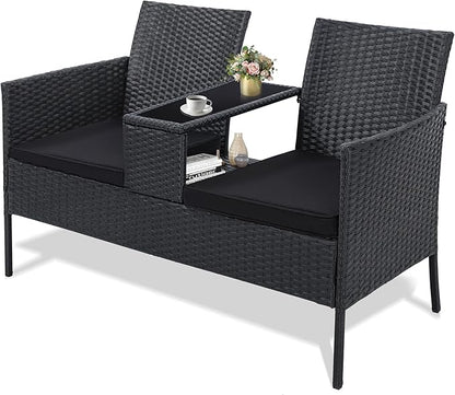 Kromax Wicker 2 Seat Patio Loveseat, Outdoor Rattan Loveseat with Table, Washable Cushion Covers, Backyard, Garden, Lawn, Black Rattan with Black Cushion