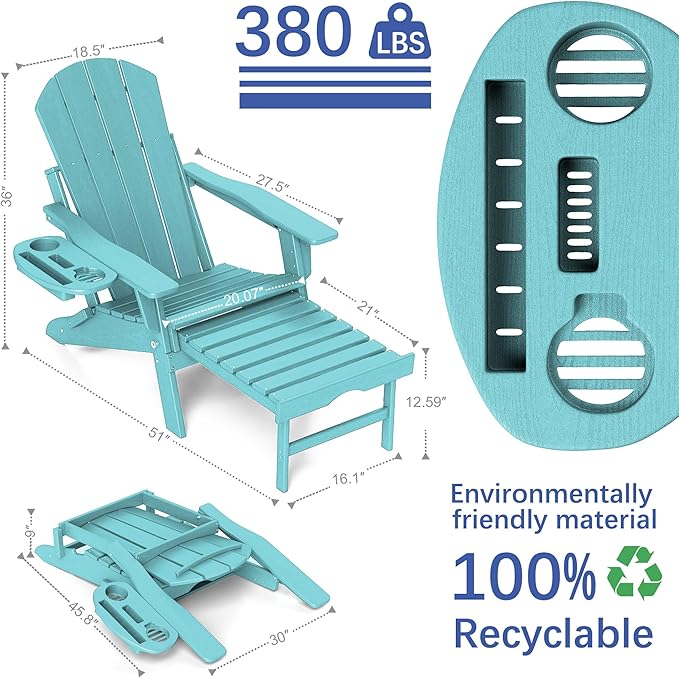 FOOWIN Adirondack Chair with Retractable Ottoman,HDPE Folding Adjustable Adirondack Chair w/4 in 1 Cup Holder Trays,All-Weather Resistant Fire Pit Chair for Outdoor Patio Lawn Set of 2 Lake Blue