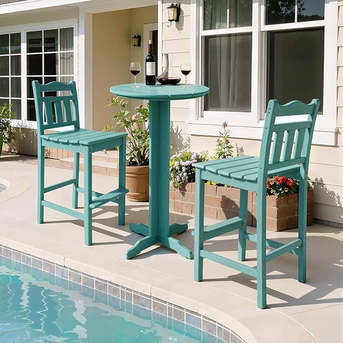Outdoor Bar Stools Set of 2, HDPE Tall Adirondack Bar Chairs 27.5 Inch Seat Height w/Backrest, All Weather Patio Bar Height Chairs for Bistro Balcony Deck Poolside (Aruba Blue)