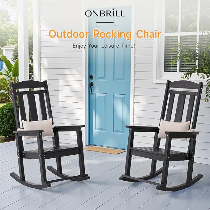 Outdoor Rocking Chair, Patio Rocking Chairs with High Back and Armrest, All Weather Oversized Porch Rocking Chairs 400 lbs Support, Black Rocking Chair with Headrest Footrest for Porch Backyard Garden