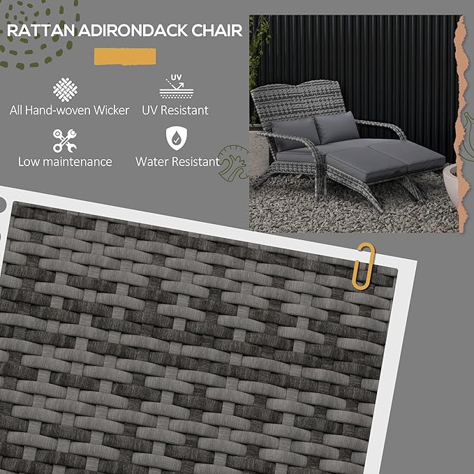 Outsunny Wicker Adirondack Chair for 2 with Cushions & Footrests, PE Rattan Double Chaise Lounge Chair - Photo 3