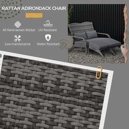 Outsunny Wicker Adirondack Chair for 2 with Cushions & Footrests, PE Rattan Double Chaise Lounge Chair, Fire Pit Chair for Porch with High-Back, Wide Armrests, Mixed Gray