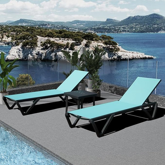 Outdoor Chaise Lounge 3 Pieces Aluminum Patio Lounge Chair with 5 Adjustable Position Recliner Chair Outside Tanning Chairs for Patio, Beach, Yard, Pool, Side Table Included (Lake Blue)