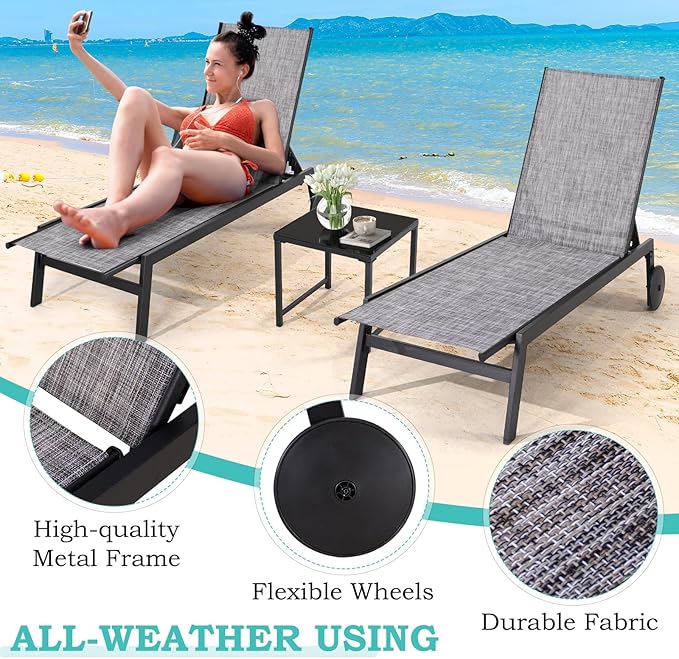 EROMMY Patio Chaise Lounge Chair Set of 2 with Table, Waterproof Outdoor Poolside Recliners with Adjustable Backrest & Wheels