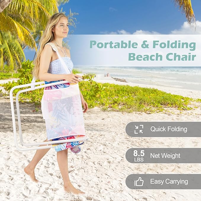 GYMAX Beach Chair Set of 2, Folding Sling Chairs with Headrest, Cup Holder & Shoulder Strap - Photo 4