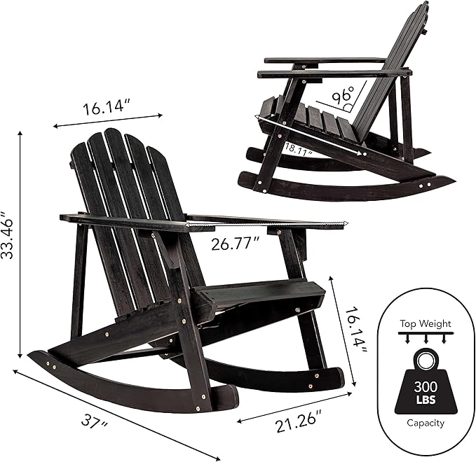 JONATHAN Y PAT1000D Kiawah Outdoor Patio Classic Acacia Wood Adirondack Rocking Chair for Garden, Lawn, Backyard, Pool, Deck, Beach, Firepit, Black