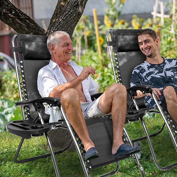 Bonnlo Zero Gravity Chair Set of 2 Patio Folding Lounge Chairs Outdoor Recliners with Pillow and Cup Holder Adjustable Reclining Lawn Chair for Deck,Patio,Beach,Yard (Black)