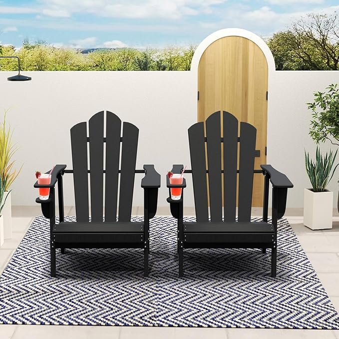 PROHIKER Adirondack Chair Set of 4, HDPE Outdoor Patio Chair with Cup Holder All Weather Outdoor Chairs for Lawn Garden Porch Backyard, Plastic, Black