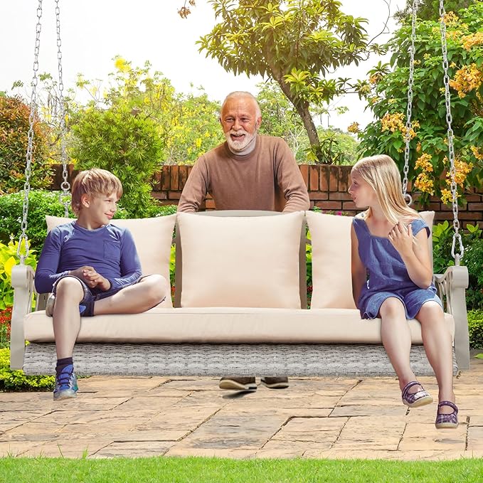 3-Person Wicker Porch Swing Chair Heavy Duty 900 LBS Outdoor Rattan Patio Swing Chair w/Cup-Holder & Steel Chains - Photo 7