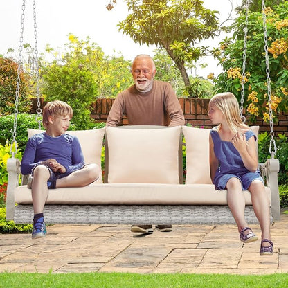 3-Person Wicker Porch Swing Chair Heavy Duty 900 LBS Outdoor Rattan Patio Swing Chair w/Cup-Holder & Steel Chains Hanging Bench Porch Swing Cushions for Deck & Backyard & Garden
