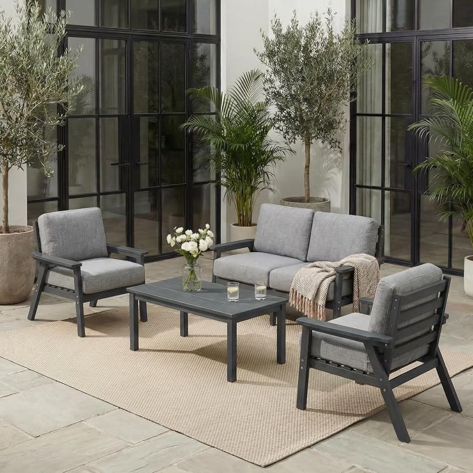 Patio Furniture Set, HDPE Outdoor Sofa Set with Gray Washable Cushions, Patio Conversation Sets for Lawn, Garden, Porch, Balcony & Deck, Durable Outdoor Sectional Furniture (Gray Frame)