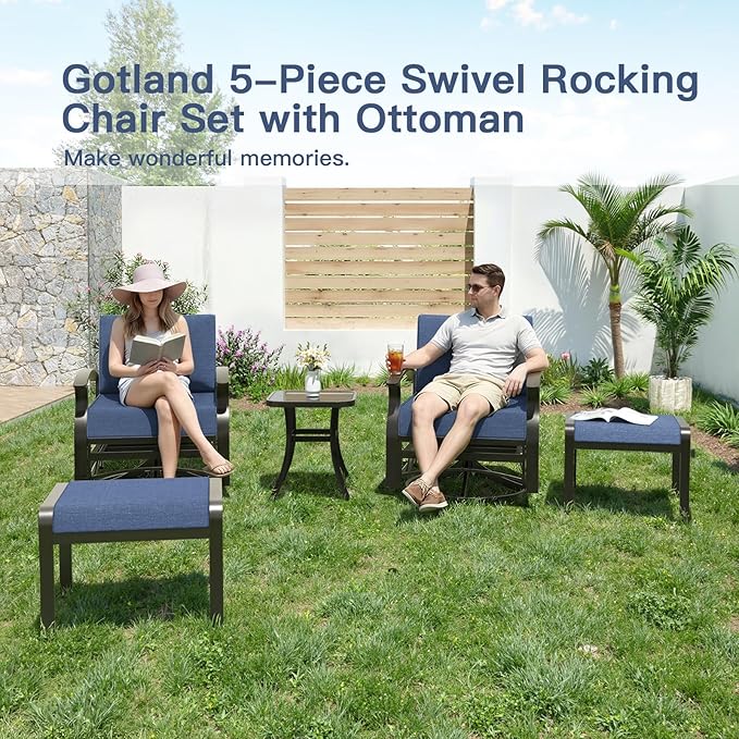 Gotland 5 Piece Patio Set, Aluminum Outdoor Swivel Chairs Set of 2 with 2 Ottoman 5.1’’ High-Resilience Seat Cushions Tempered Glass Coffee Table Removable Cushions, Metal Patio Furniture Set, Navy