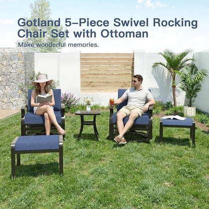 Gotland 5 Piece Patio Set, Aluminum Outdoor Swivel Chairs Set of 2 with 2 Ottoman 5.1’’ High-Resilience Seat Cushions Tempered Glass Coffee Table Removable Cushions, Metal Patio Furniture Set, Navy