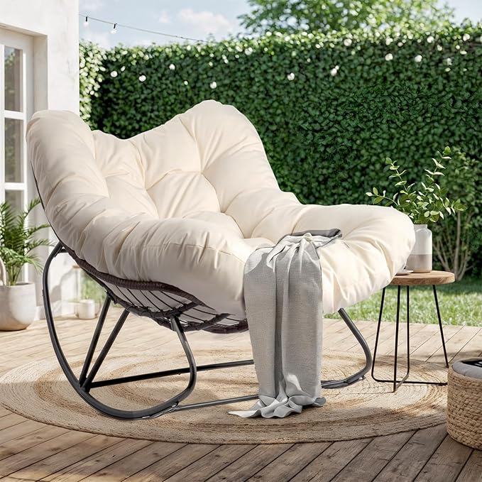 VINGLI Papason Rocking Chair Outdoor, Patio Rocking Chair with Cushion, Comfortable Lounge Chair Weatherproof for Garden, Yard, Outdoor/Indoor, Beige