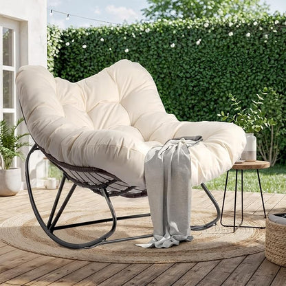 VINGLI Papason Rocking Chair Outdoor, Patio Rocking Chair with Cushion, Comfortable Lounge Chair Weatherproof for Garden, Yard, Outdoor/Indoor, Beige